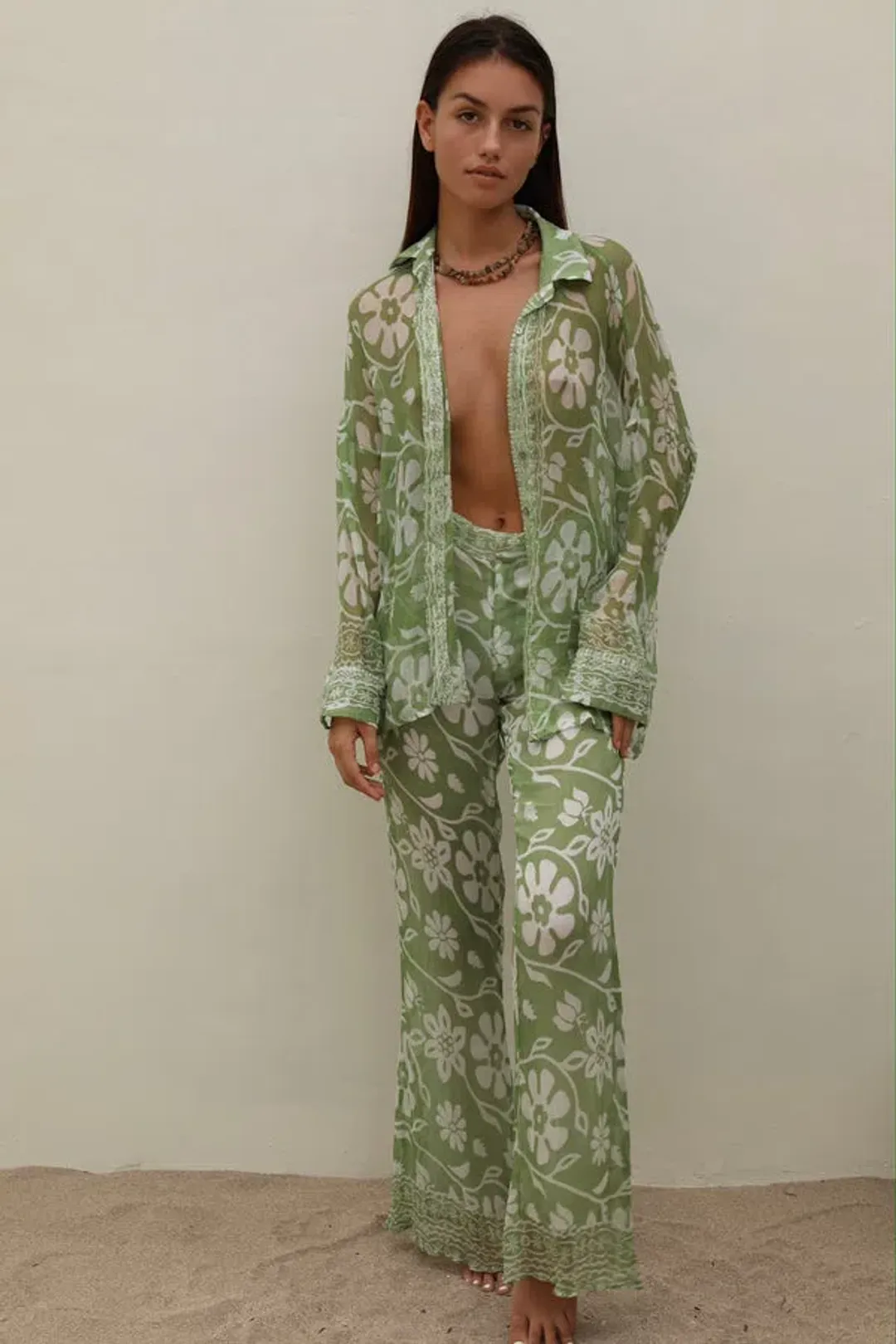 Ranaco Atelier Set: The Flared Pant Moss Green Size S/ AU 8 AND Ranaco Atelier Front Tie Blouse for rent on The Volte - main image