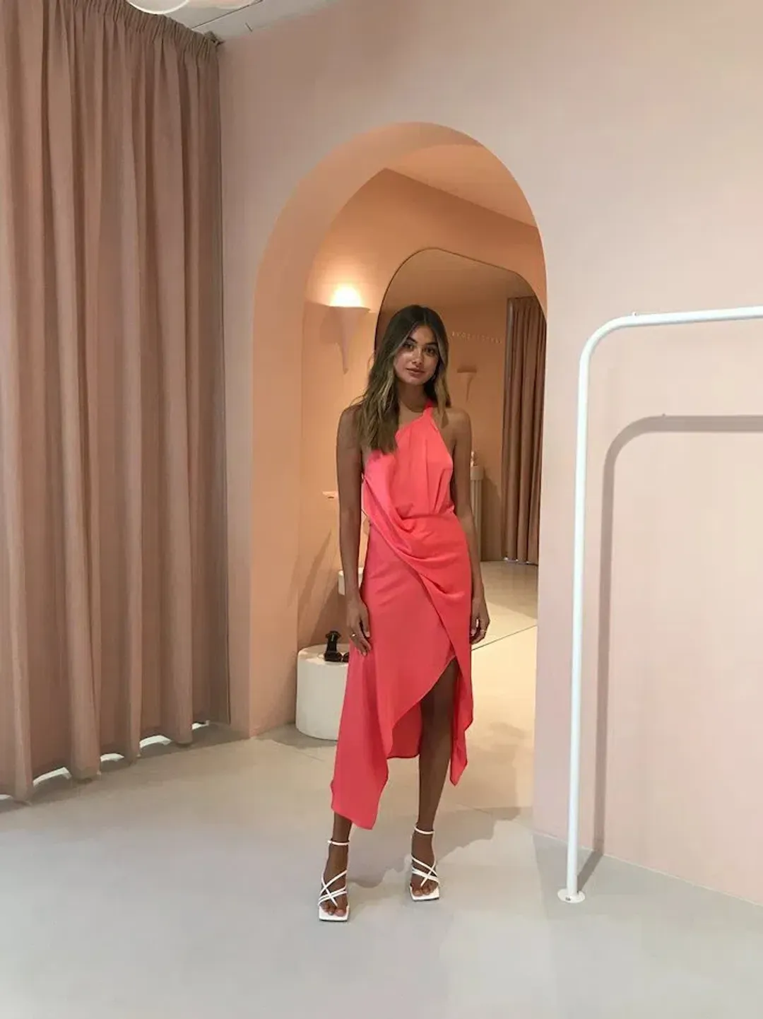 One Fell Swoop Harlequin Midi Dress in Coral Size 6 for rent on The Volte - main image