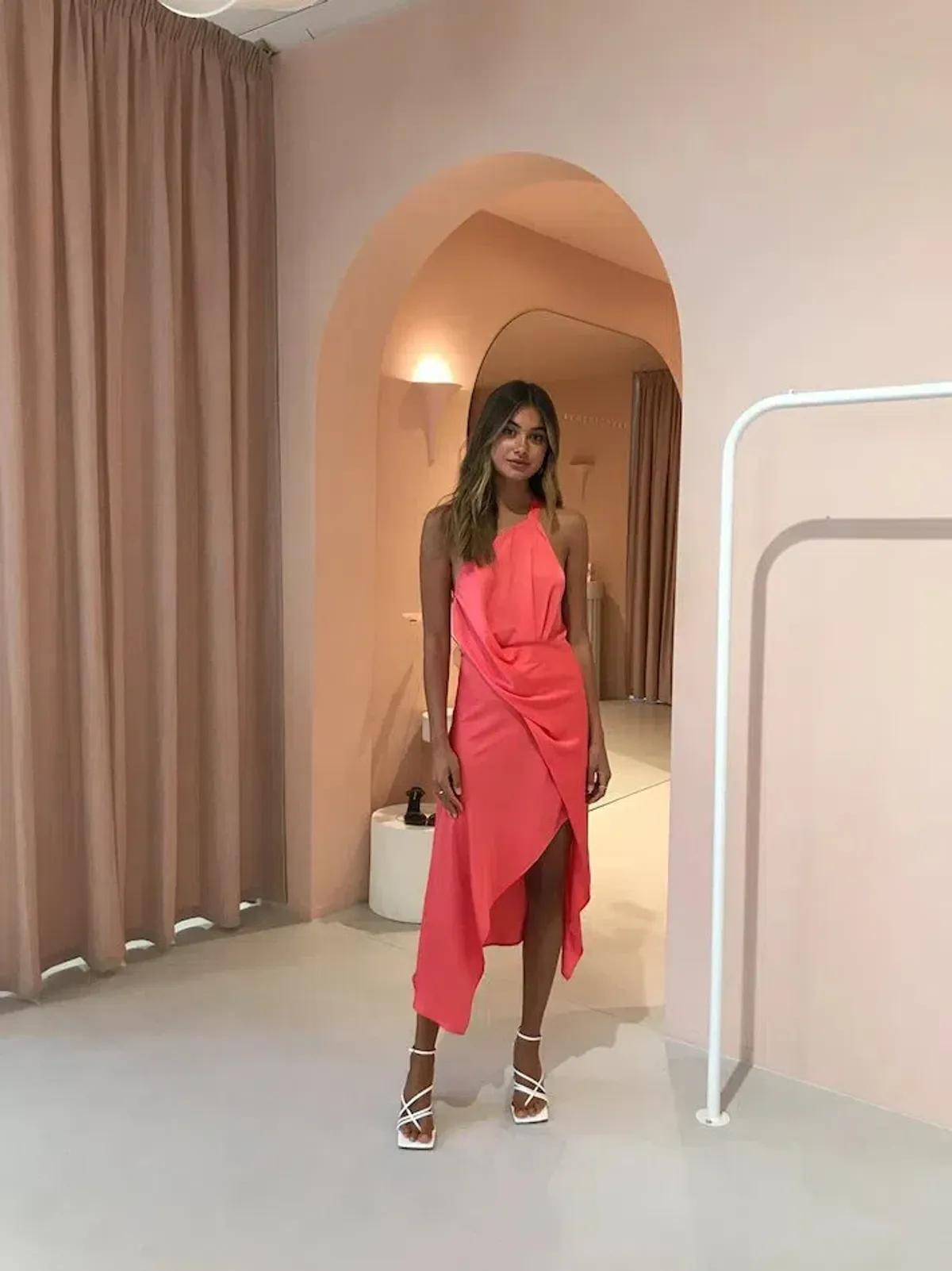 One Fell Swoop Harlequin Midi Dress in Coral Size 6 for rent on The Volte - main image