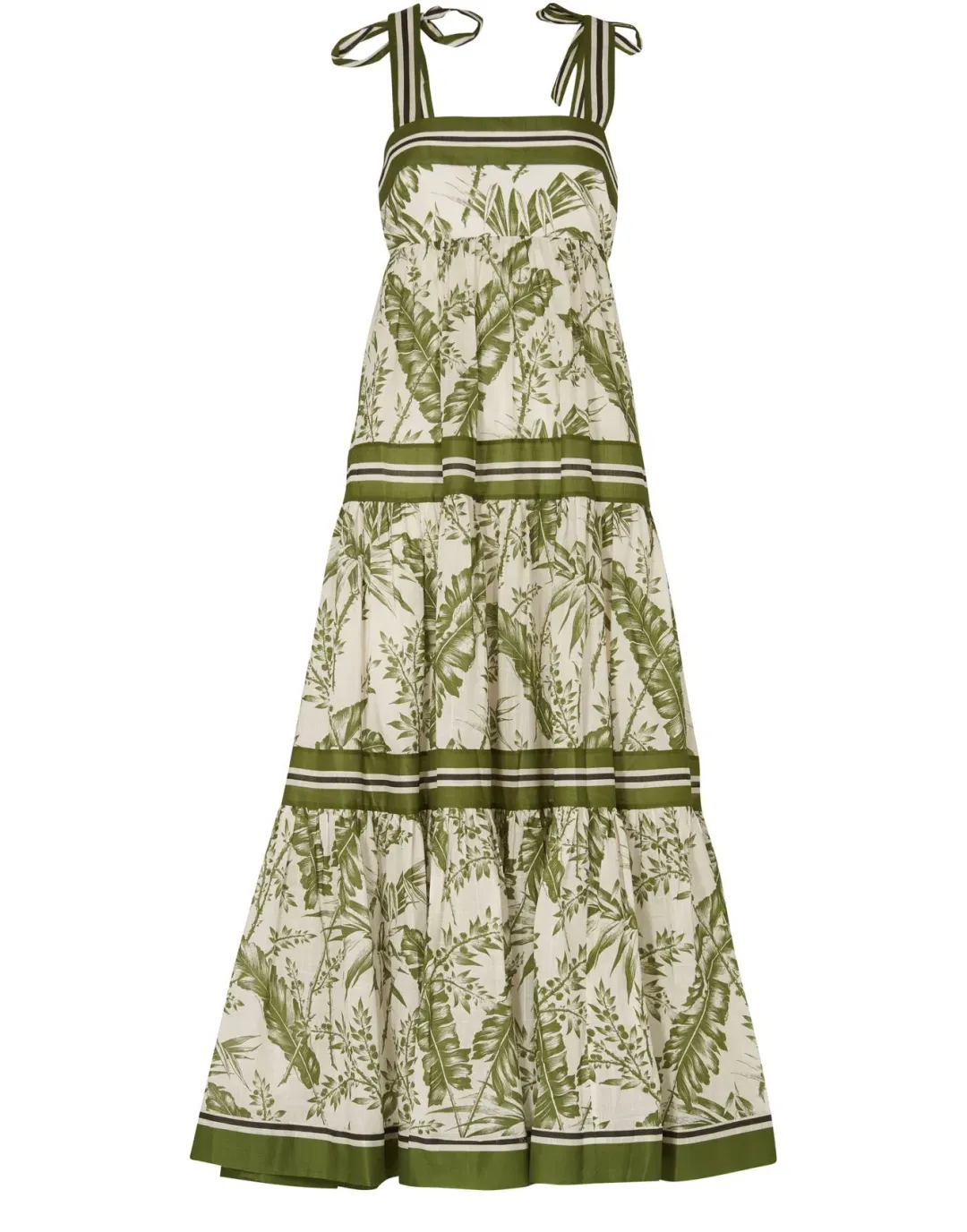 Zimmermann Empire Tie Shoulder Dress Palm Print Green Size 0 / AU 8 for rent on The Volte - main image