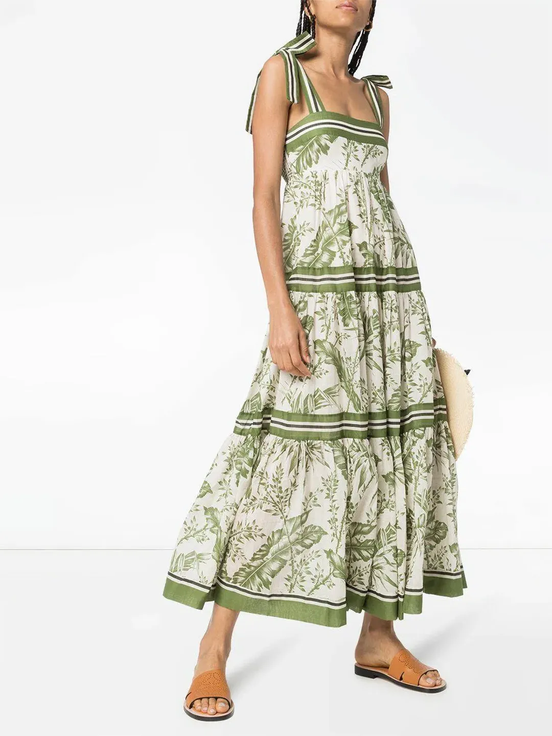 Zimmermann Empire Tie Shoulder Dress Palm Print Green Size 0 / AU 8 for rent on The Volte - main image