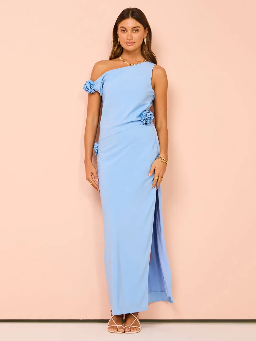 Issy Off Shoulder Flower Maxi Dress in Blue Size 10 for rent on The Volte - main image