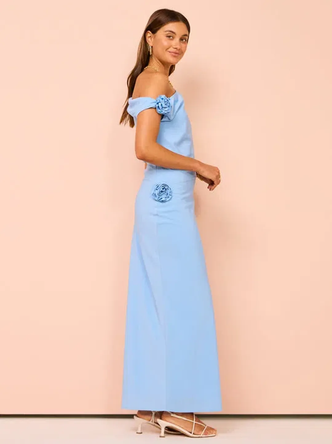 Issy Off Shoulder Flower Maxi Dress in Blue Size 12 for rent on The Volte - main image