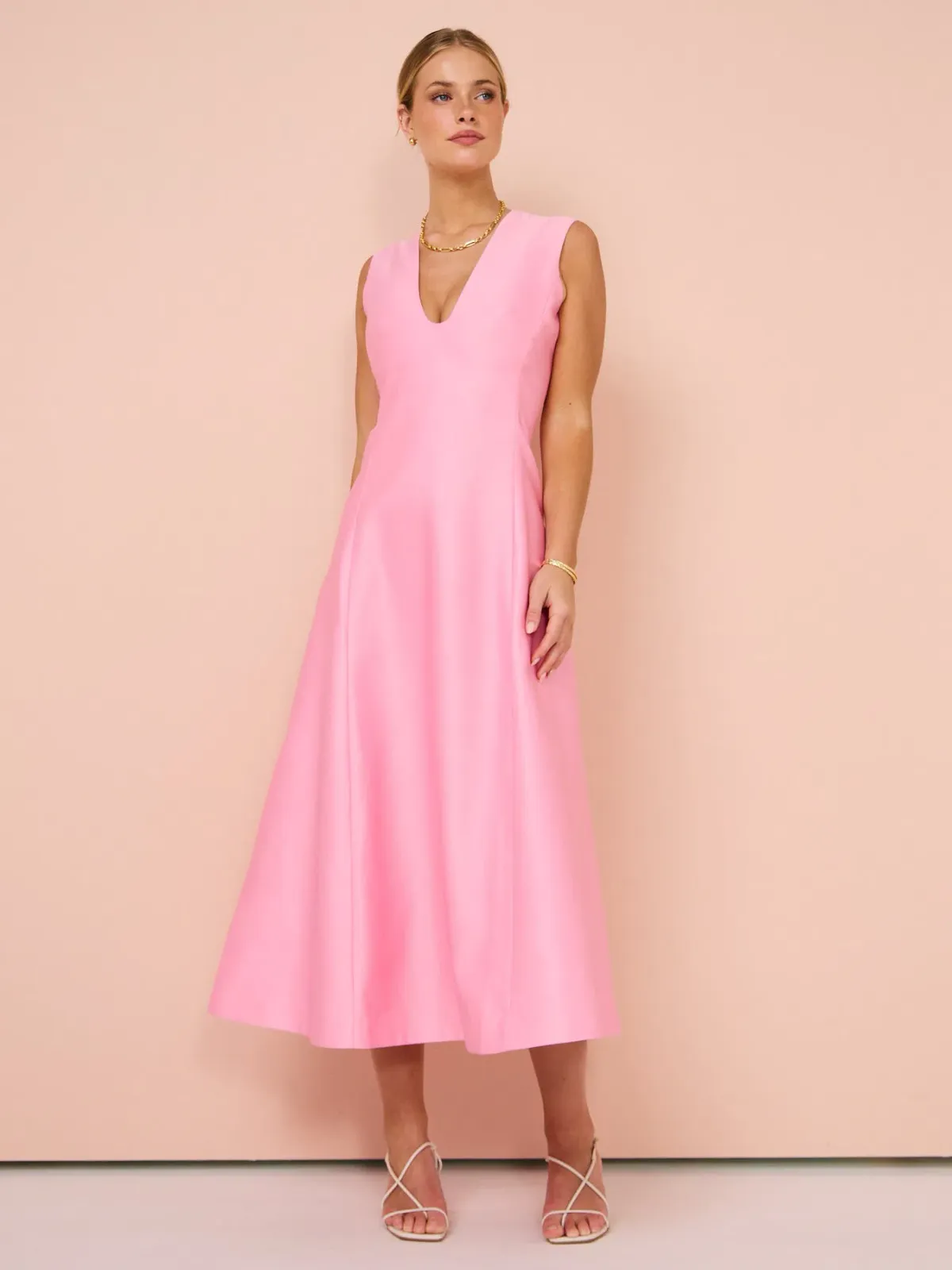 Leo Lin Nicola V Neck Midi Dress Bubblegum Size 14 for rent on The Volte - main image
