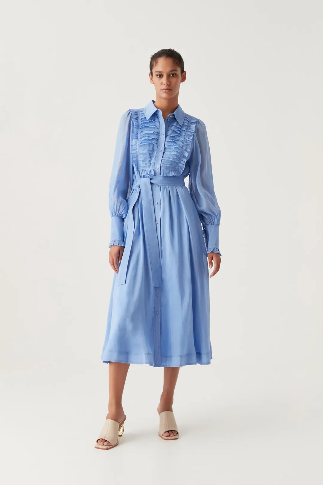 Aje Iris Pleated Bib Midi Dress in Mist Blue Size 16 for rent on The Volte - main image