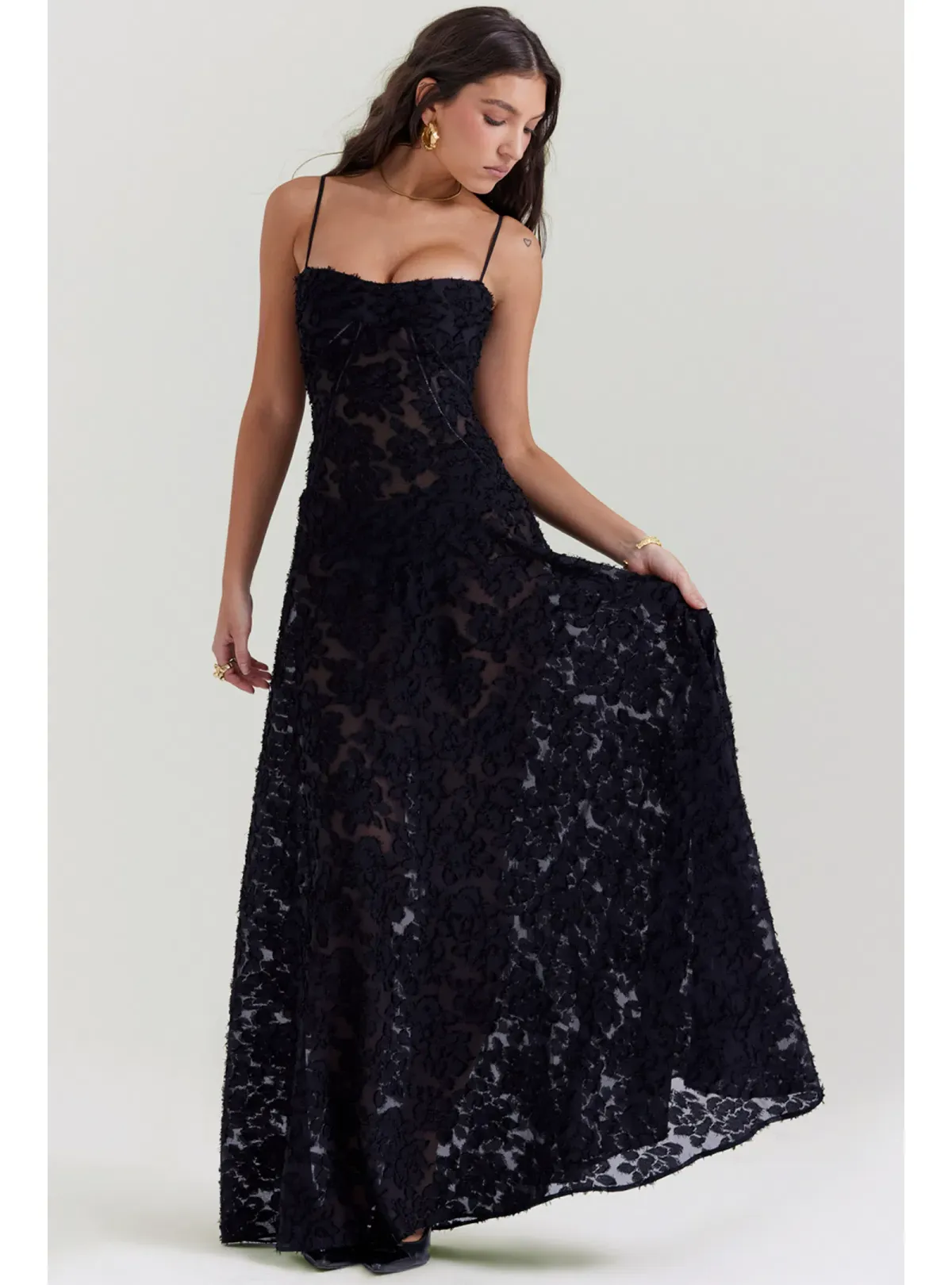 House Of CB Seren Lace Back Maxi Dress Black Floral Size M / AU 10 - Image 2