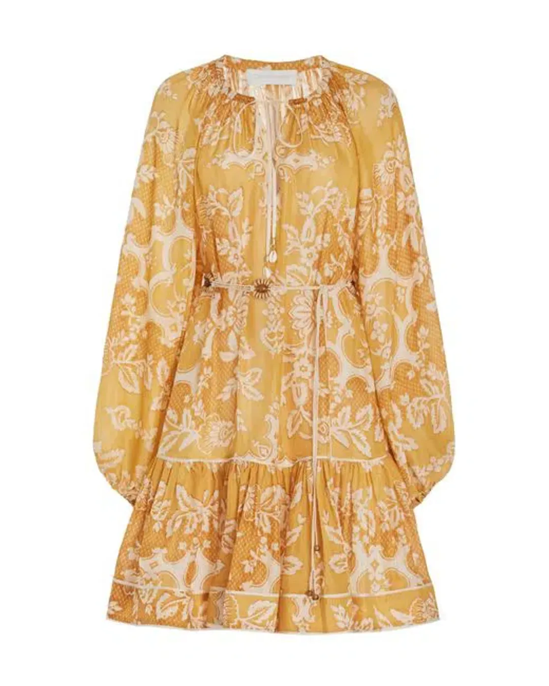 Zimmermann Raie Tiered Billow Mini Dress in Gold Damask Size 0/8 AU for rent on The Volte - main image