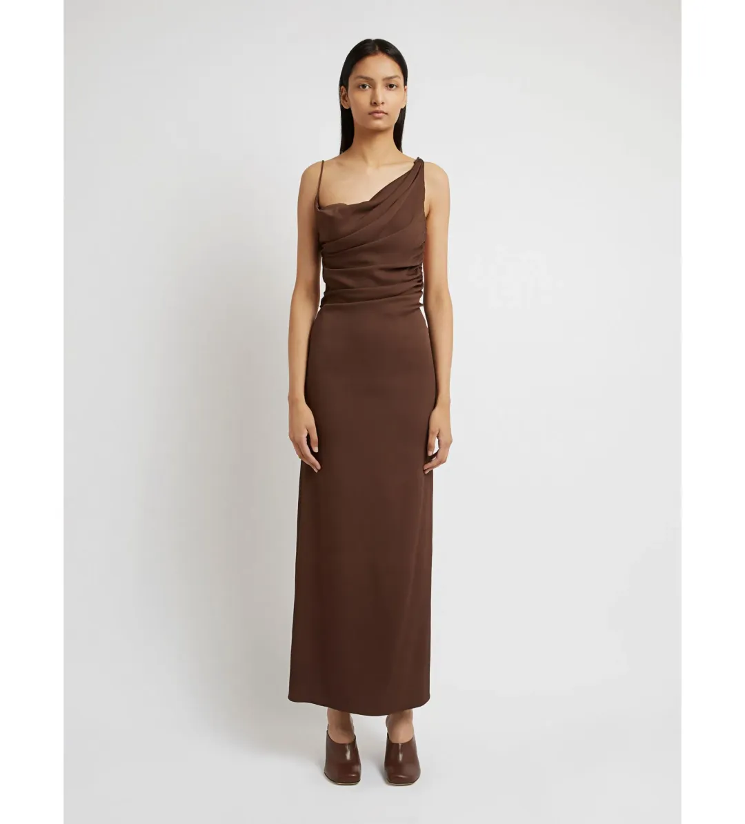 Christopher Esber Cowl Drape Dress Chocolate Size 14 AU for rent on The Volte - main image