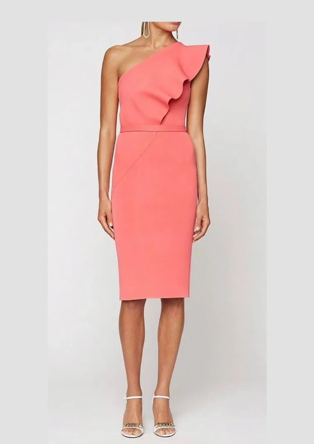 Scanlan Theodore Crepe Knit Ruffle Dress Watermelon Pink Size 6 for rent on The Volte - main image