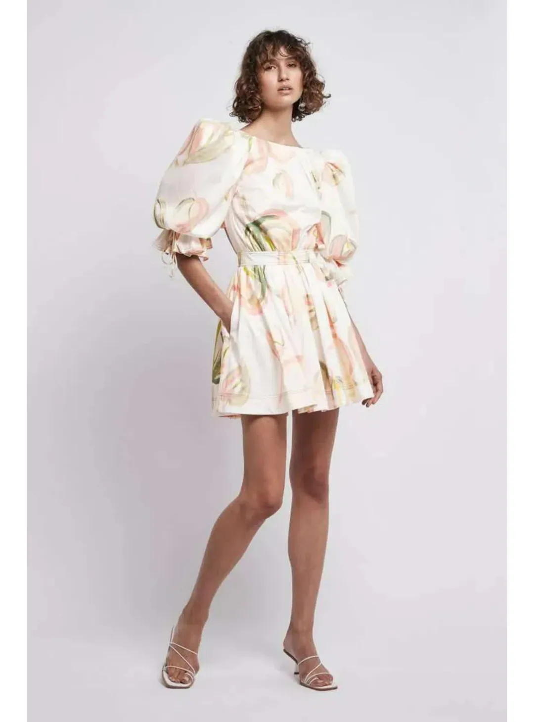 Aje Imprint Cotton Puff Sleeve Mini Dress In Painterly Laceleaf Size AU 6 for rent on The Volte - main image