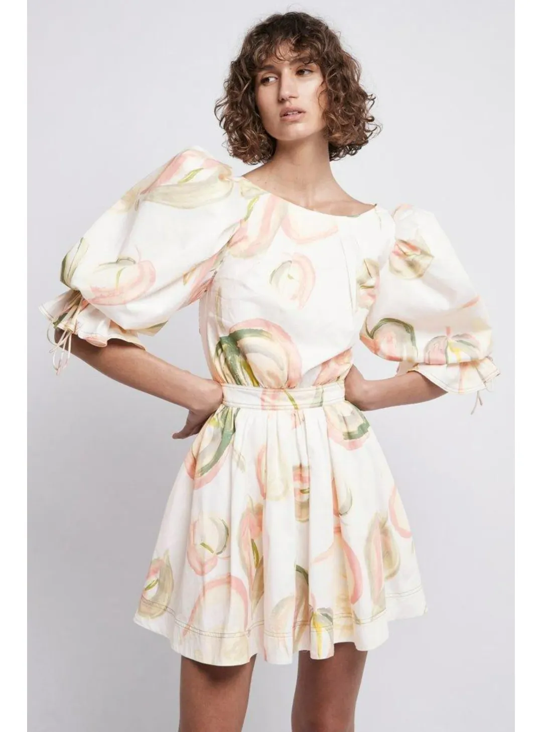 Aje Imprint Cotton Puff Sleeve Mini Dress In Painterly Laceleaf Size AU 6 for rent on The Volte - main image