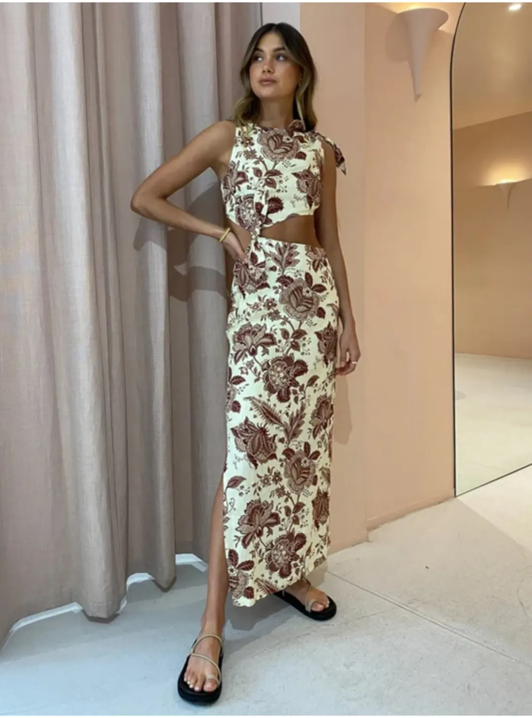 Sir The Label Rei Knot Midi Dress Citrus Lilium Print Size AU 8 for rent on The Volte - main image