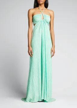 LoveShackFancy Julissa Plissé Satin Halterneck Maxi Dress In Light Emerald Size S / AU 8 for rent on The Volte - image 3