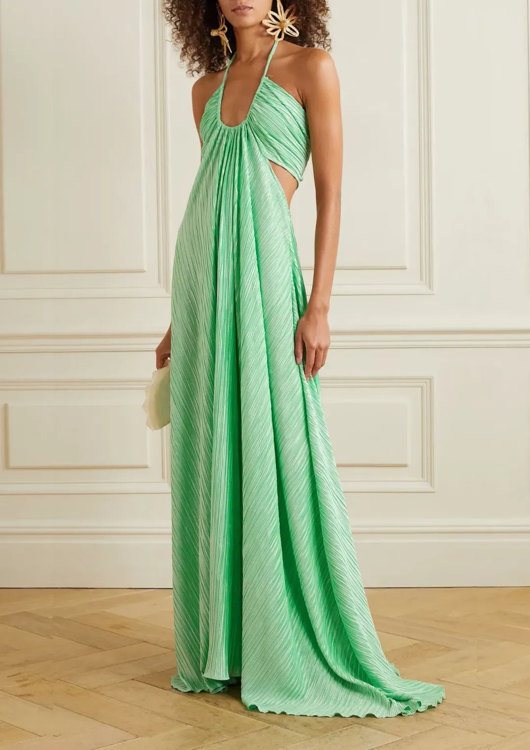 LoveShackFancy Julissa Plissé Satin Halterneck Maxi Dress In Light Emerald Size S / AU 8 for rent on The Volte - main image