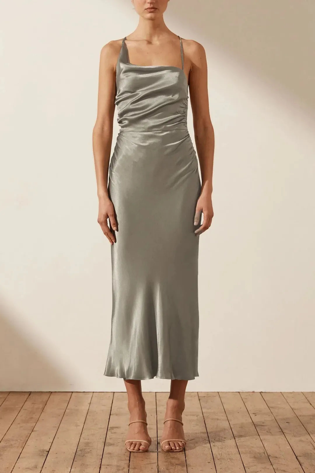 Shona Joy La Lune Asymmetrical Bias Cowl Midi Dress Sage Size 8 for rent on The Volte - main image