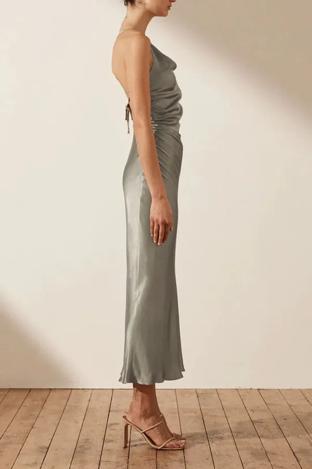 Shona Joy La Lune Asymmetrical Bias Cowl Midi Dress Sage Size 8 for rent on The Volte - main image