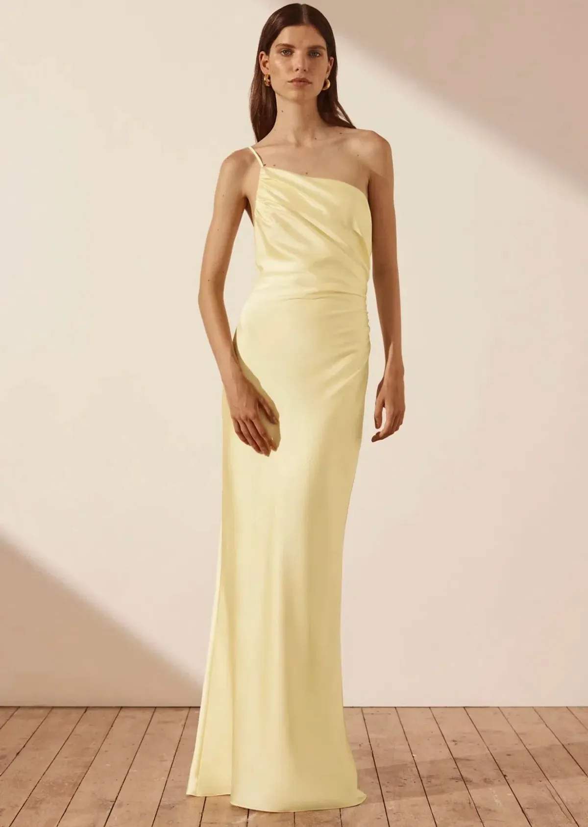 Shona Joy Luxe Asymmetrical Gathered Maxi Dress in Lemon Size 12 for rent on The Volte - main image