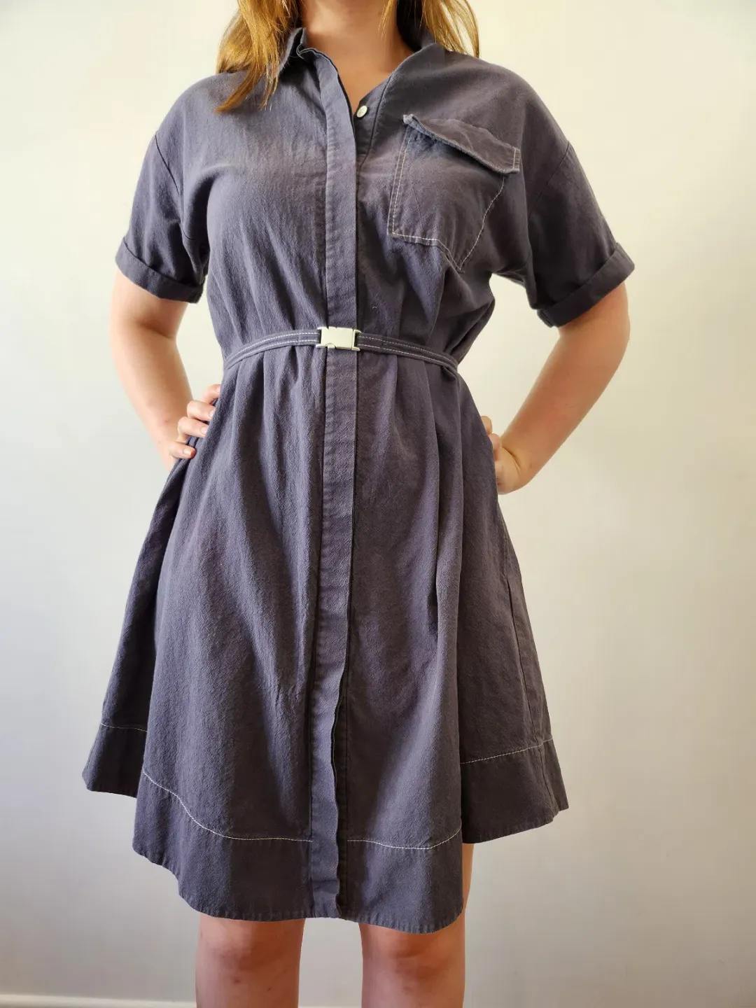 Cue Button Up Dress with Belt Navy Size 8 for rent on The Volte - main image