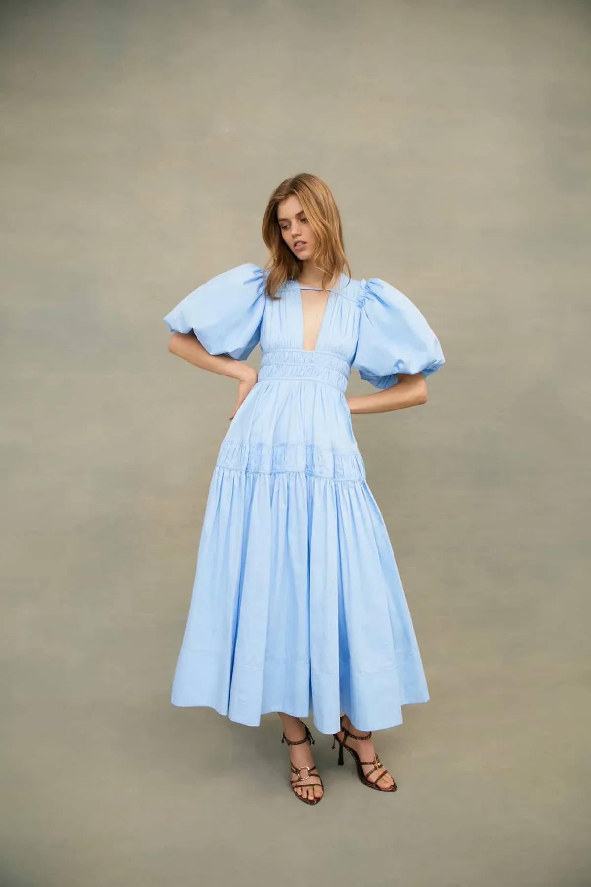 Aje Fallingwater Gathered Midi Dress Light Blue Size L / AU 12 - Image 1