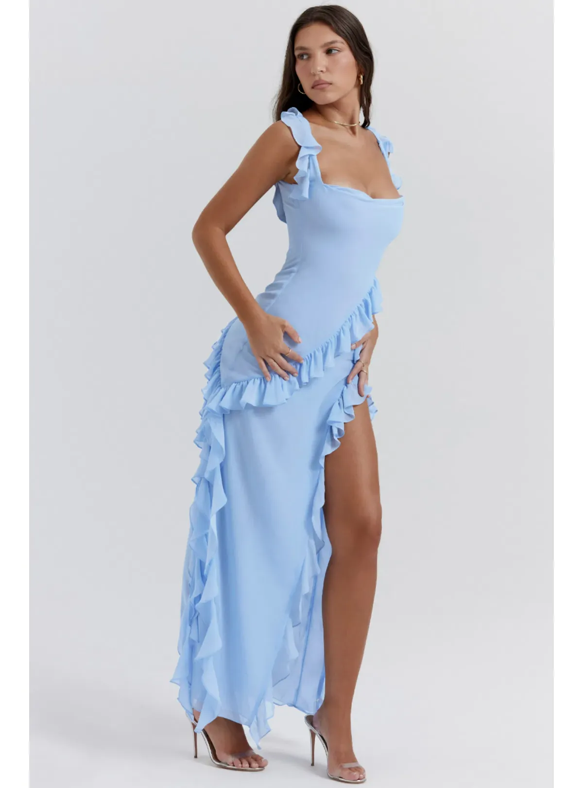 House of CB Ariela Ruffle Maxi Dress in Soft Blue Size S / AU 8 - Image 1