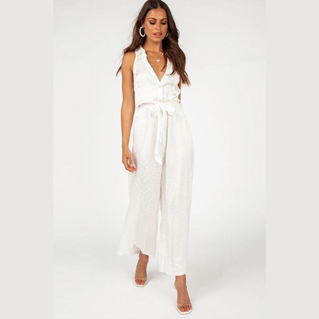 Dahlia White Button Front Jumpsuit Size 10 for rent on The Volte - main image