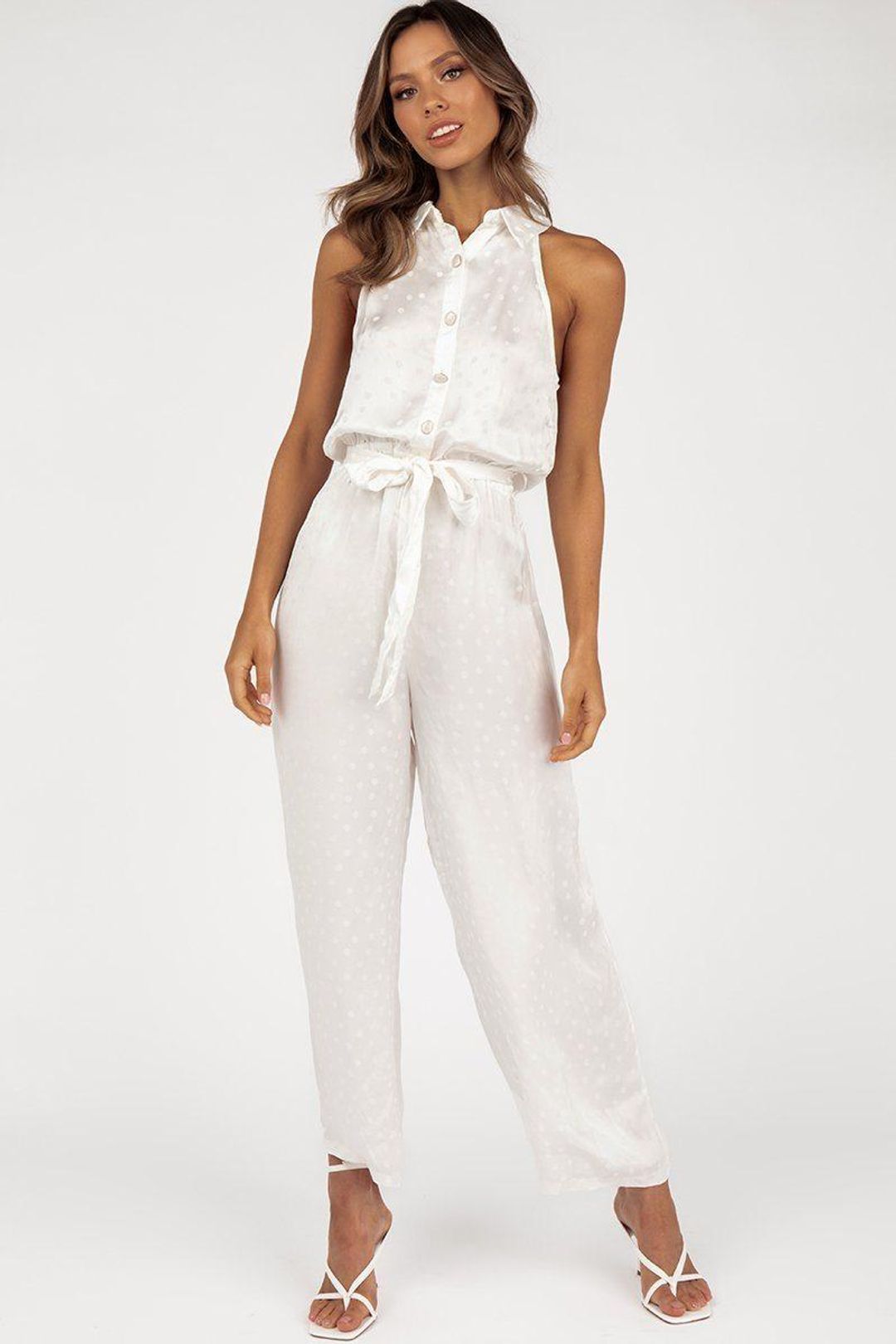 Dahlia White Button Front Jumpsuit Size 10 for rent on The Volte - main image