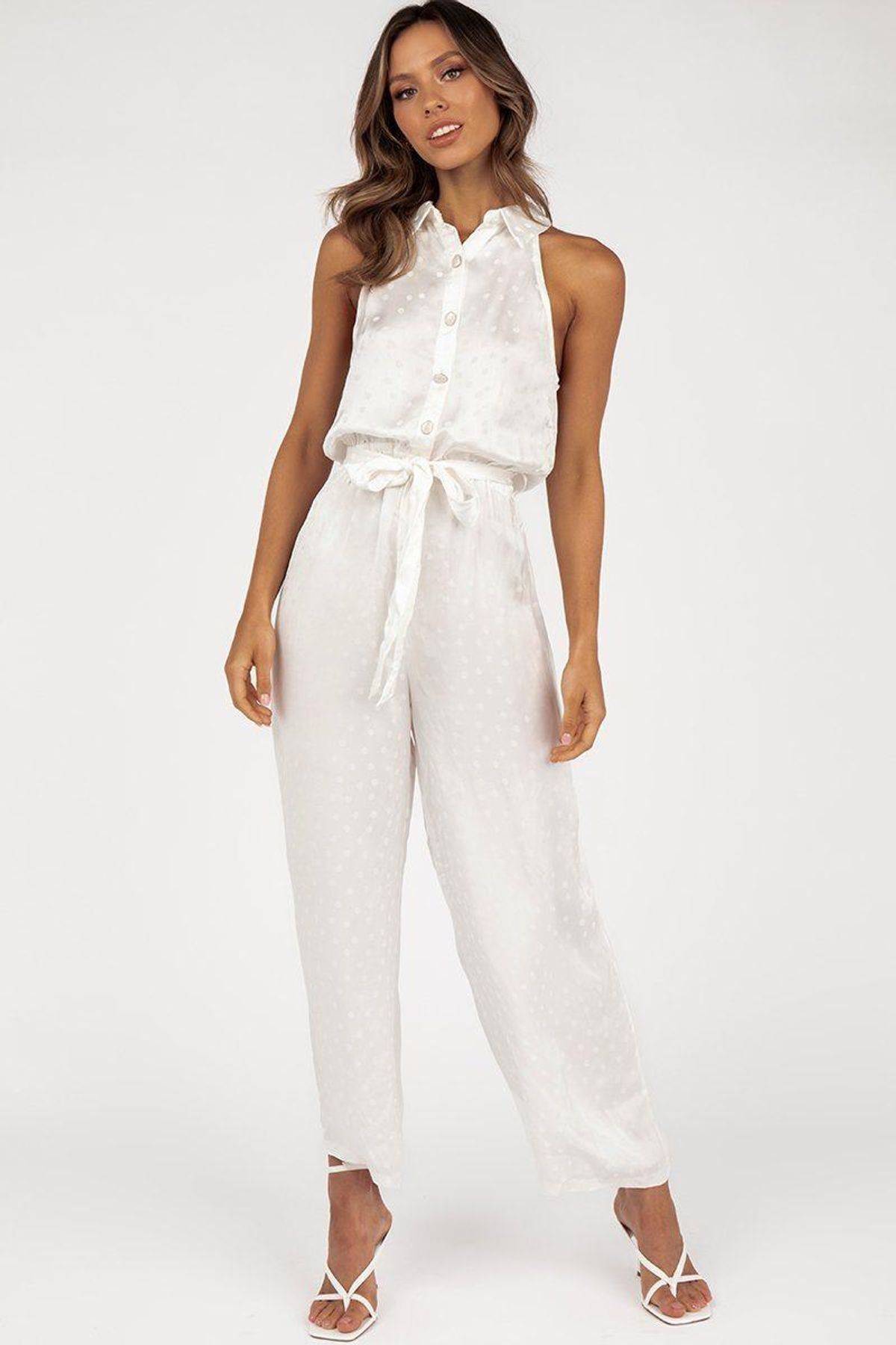 Dahlia White Button Front Jumpsuit Size 10 for rent on The Volte - main image
