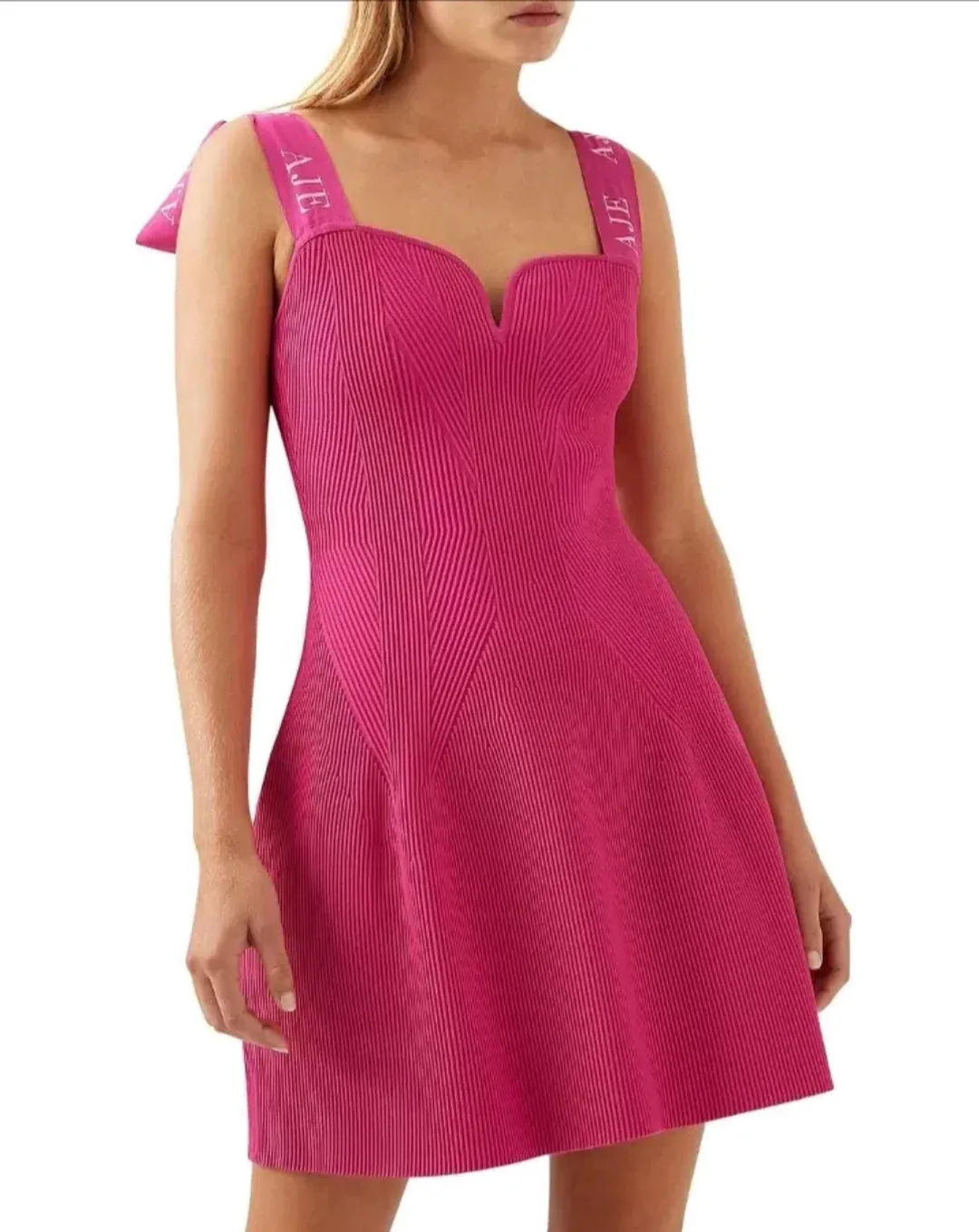 Aje Amber Knit Tie Shoulder Logo Mini Dress Pink Size L / AU 12 for rent on The Volte - main image