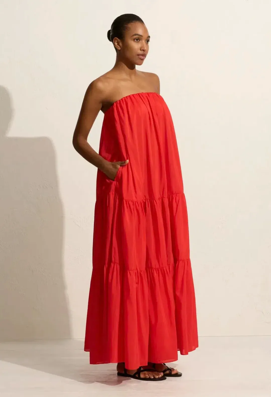 Matteau voluminous strapless tiered dress in Rosso red Size 3 / AU 10 for rent on The Volte - main image