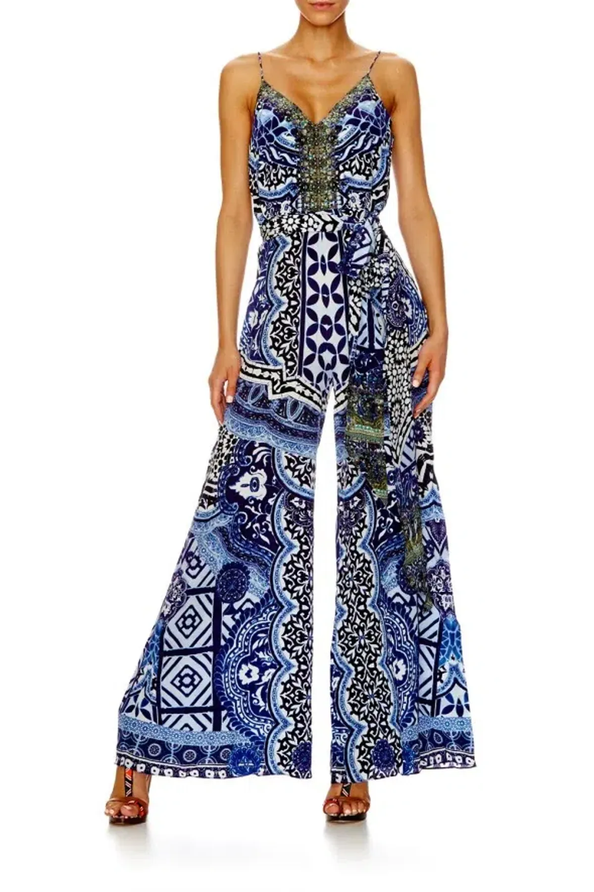 Camilla Under the Medina Moon Wide Leg Jumpsuit Blue Print Size 10 - Image 1
