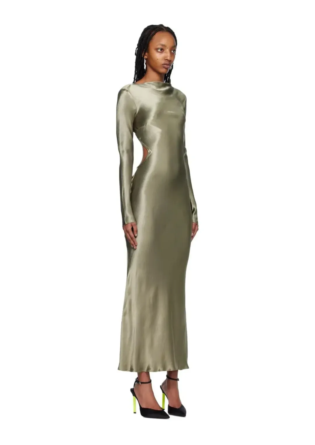 Bec & Bridge Ren Satin Long Sleeve Midi Dress Dark Olive Size AU 8 for rent on The Volte - main image