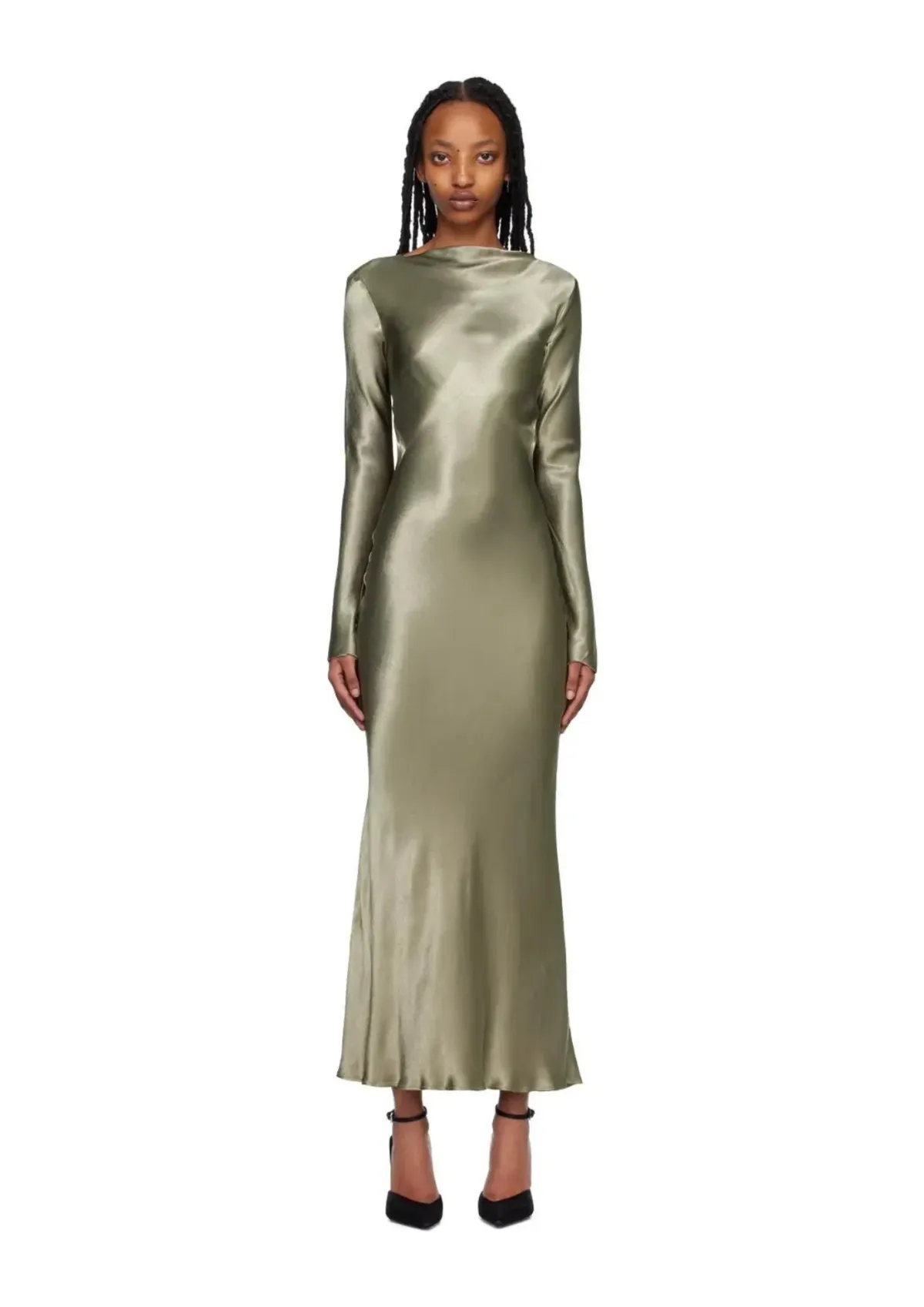Bec & Bridge Ren Satin Long Sleeve Midi Dress Dark Olive Size AU 8 - Image 1