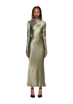 Bec & Bridge Ren Satin Long Sleeve Midi Dress Dark Olive Size AU 8 for rent on The Volte - image 1