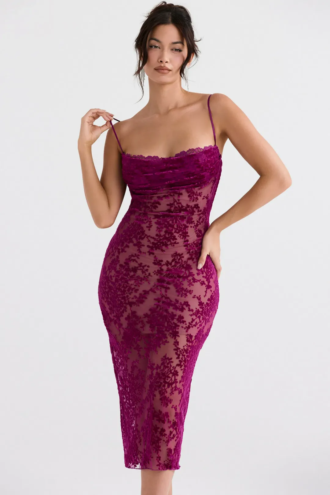House of CB Ione Devore Midi Dress in Cranberry Size XS / AU 6 for rent on The Volte - main image
