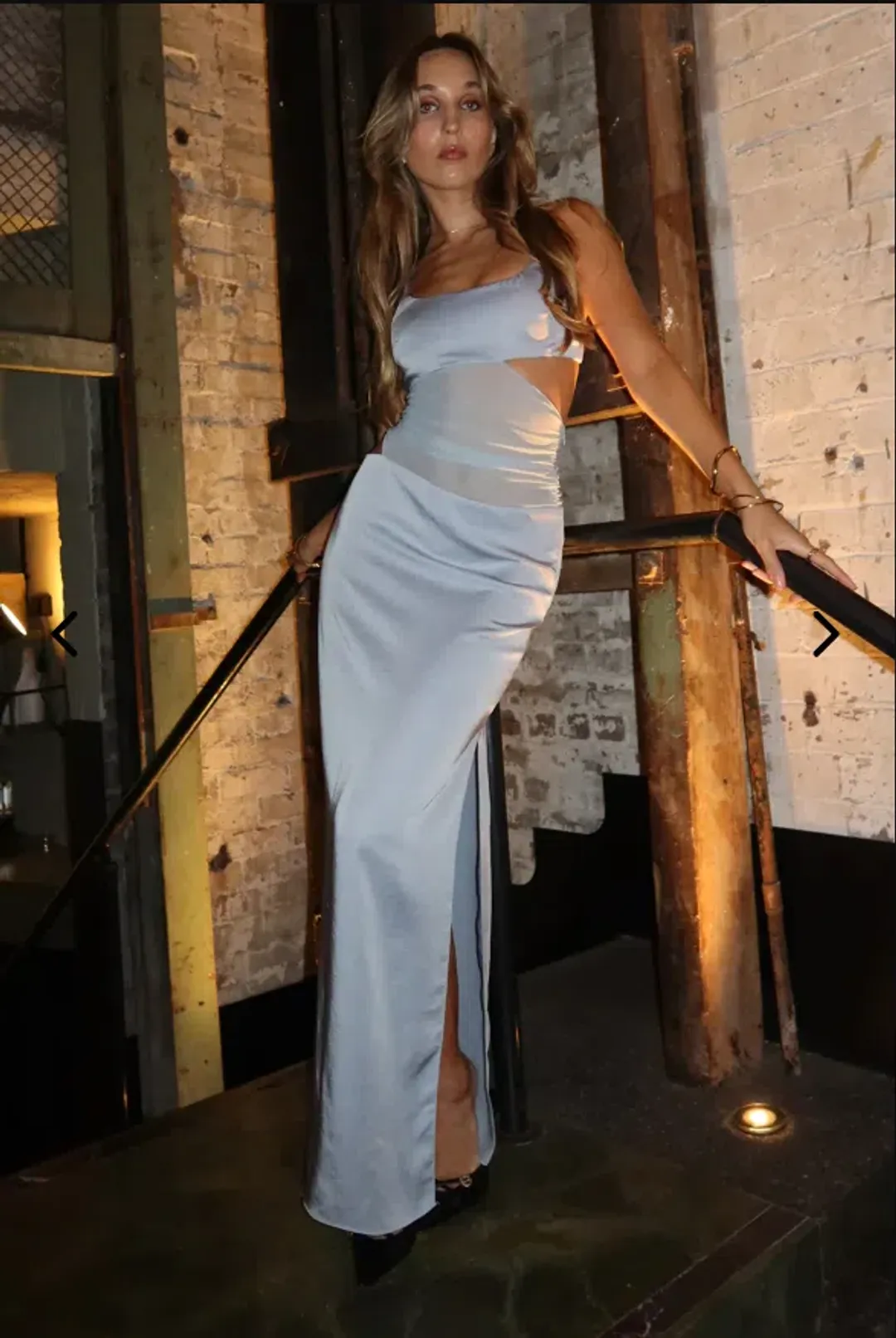 Bec and Bridge Mari Lou Asym Sheer Panel Maxi Dress in Dove Blue Size 8 for rent on The Volte - main image