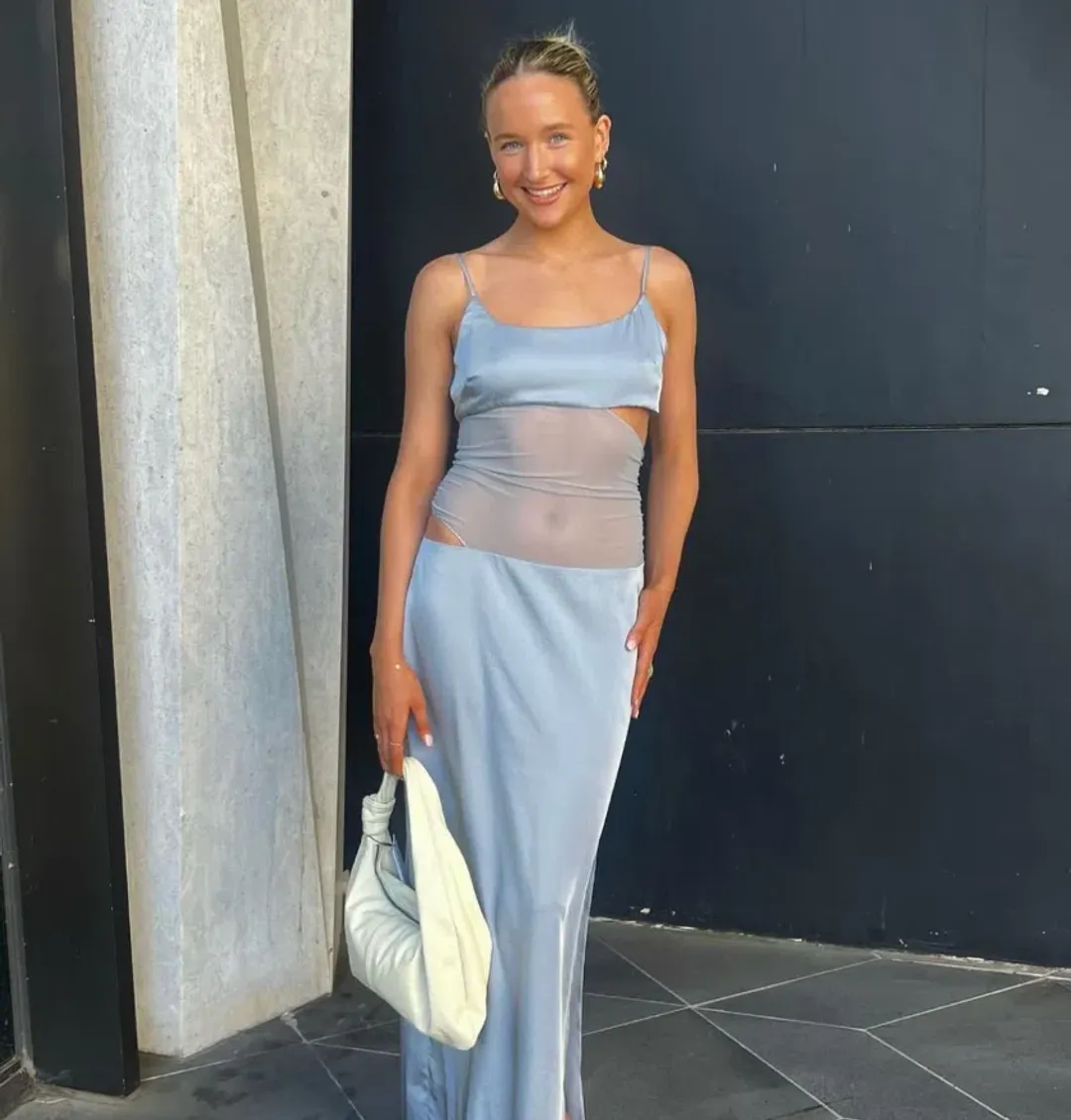 Bec and Bridge Mari Lou Asym Sheer Panel Maxi Dress in Dove Blue Size 8 for rent on The Volte - main image