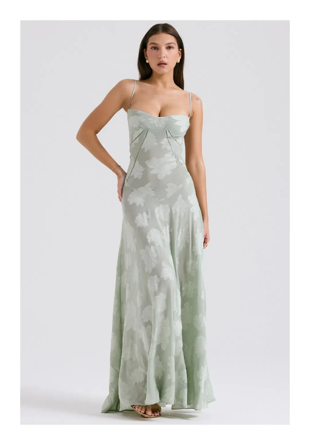 House of CB Seren Lace Back Maxi Dress in Pistachio Pale Green in Size S / AU 8 for rent on The Volte - main image