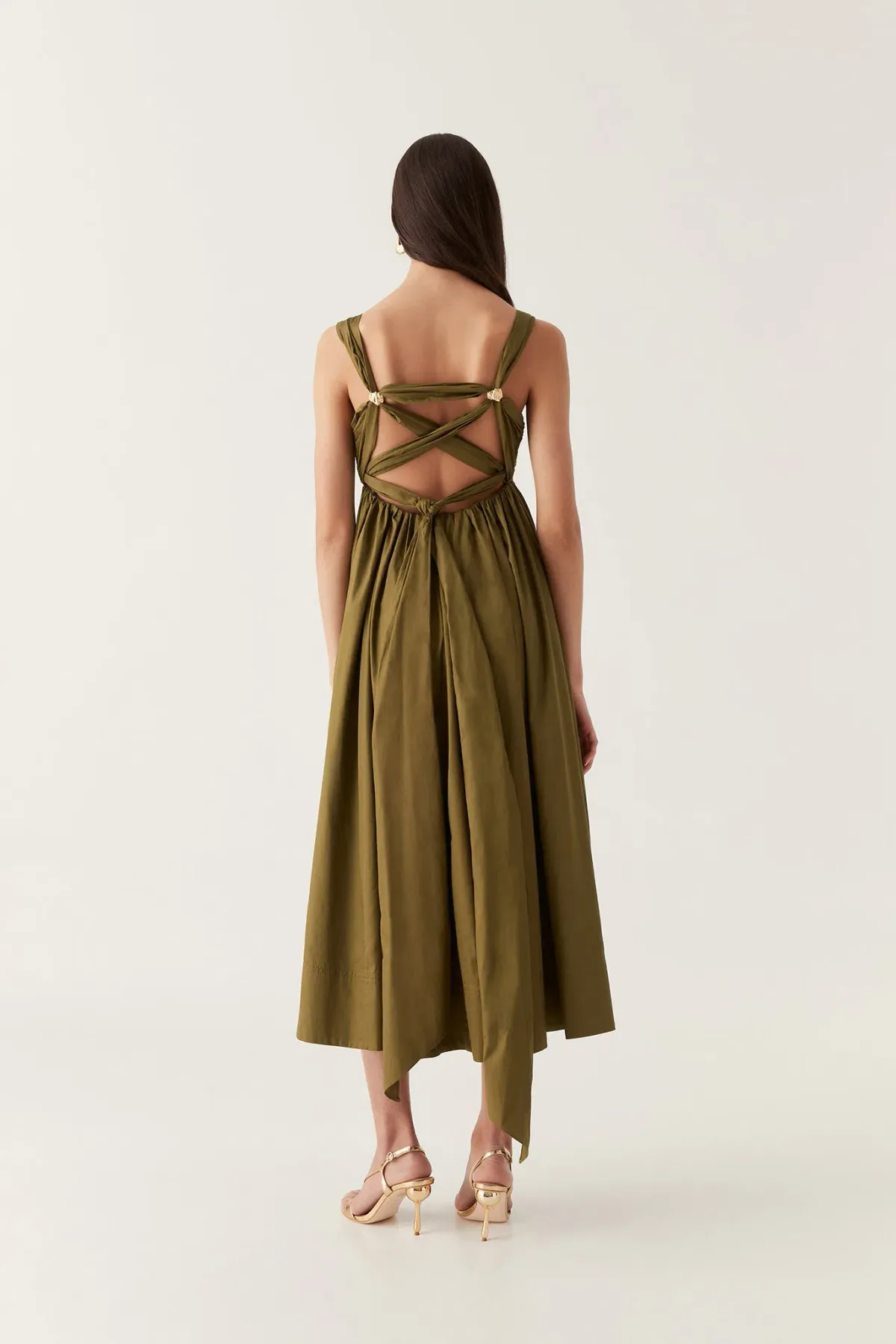 AJE Nova Tie Back Midi Dress in Deep Olive Size 8 - Image 1