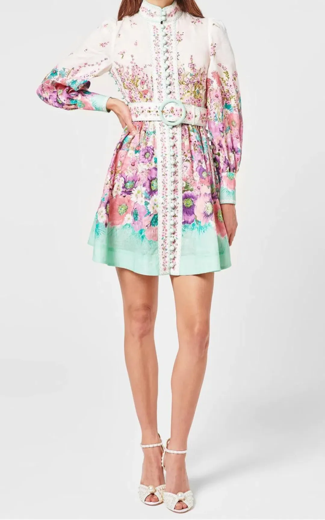 Zimmermann Jude Buttoned Mini Dress Aqua Gradient Floral Size 2 / AU 12 for rent on The Volte - main image
