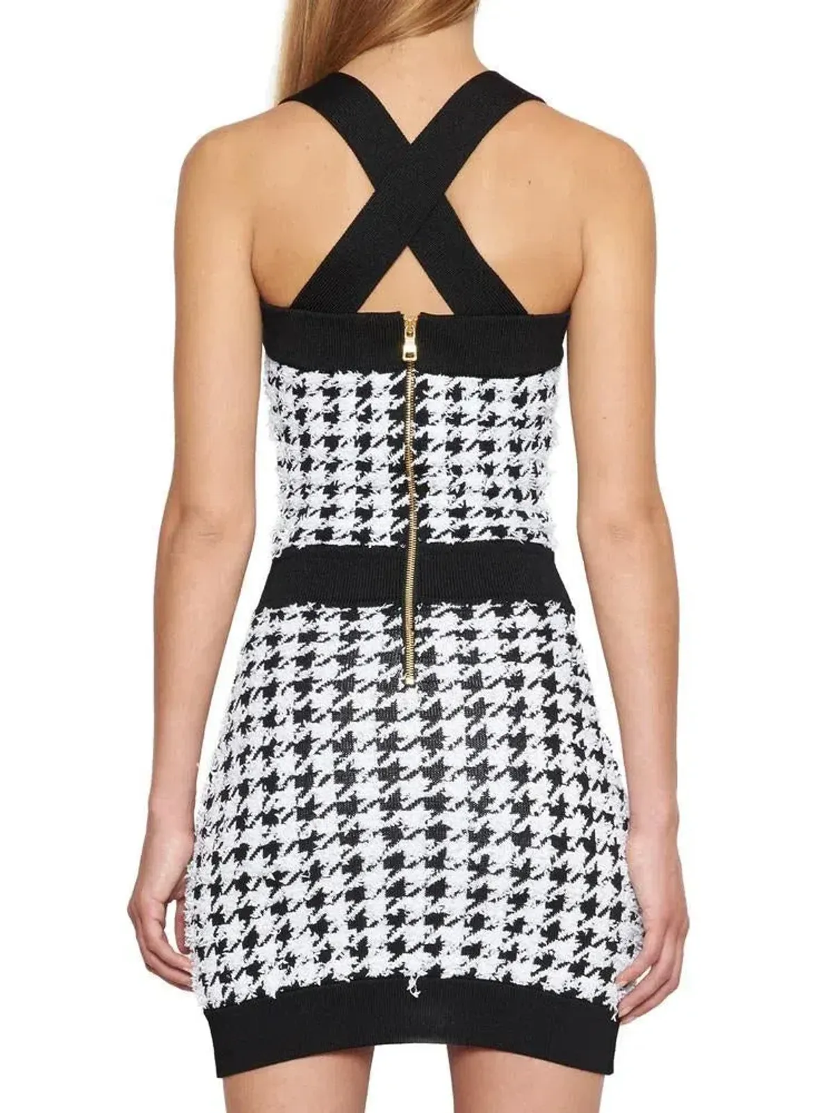 Balmain Pied De Poule Strappy Knit Mini Dress Black/White Size 8 - Image 3