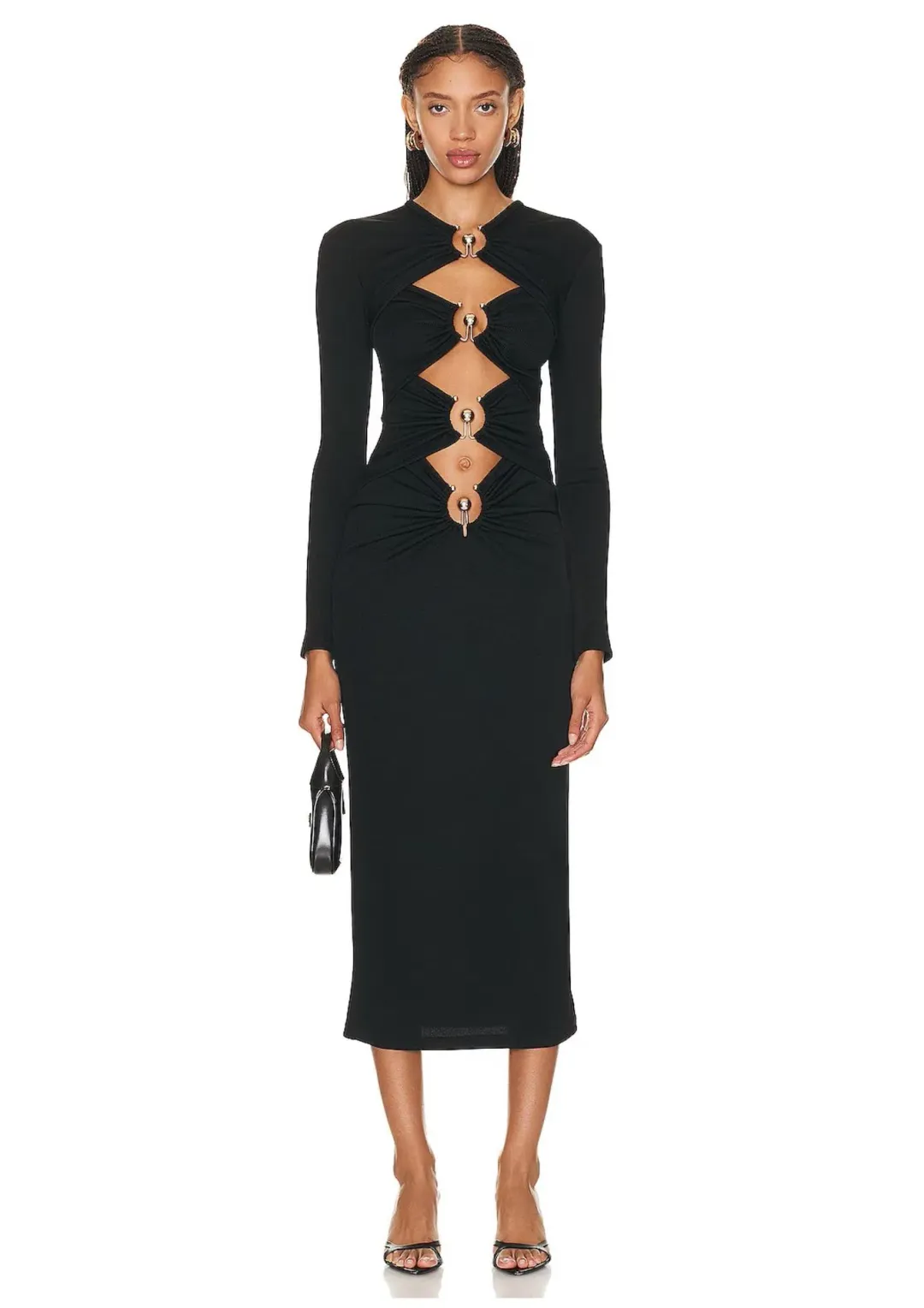 Christopher Esber Orbit Ruched Long Sleeve Midi Dress Black Size 8 for rent on The Volte - main image