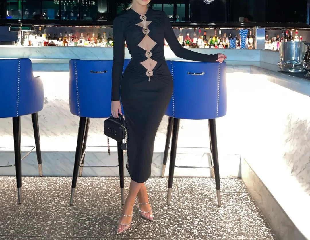 Christopher Esber Orbit Ruched Long Sleeve Midi Dress Black Size 8 for rent on The Volte - main image