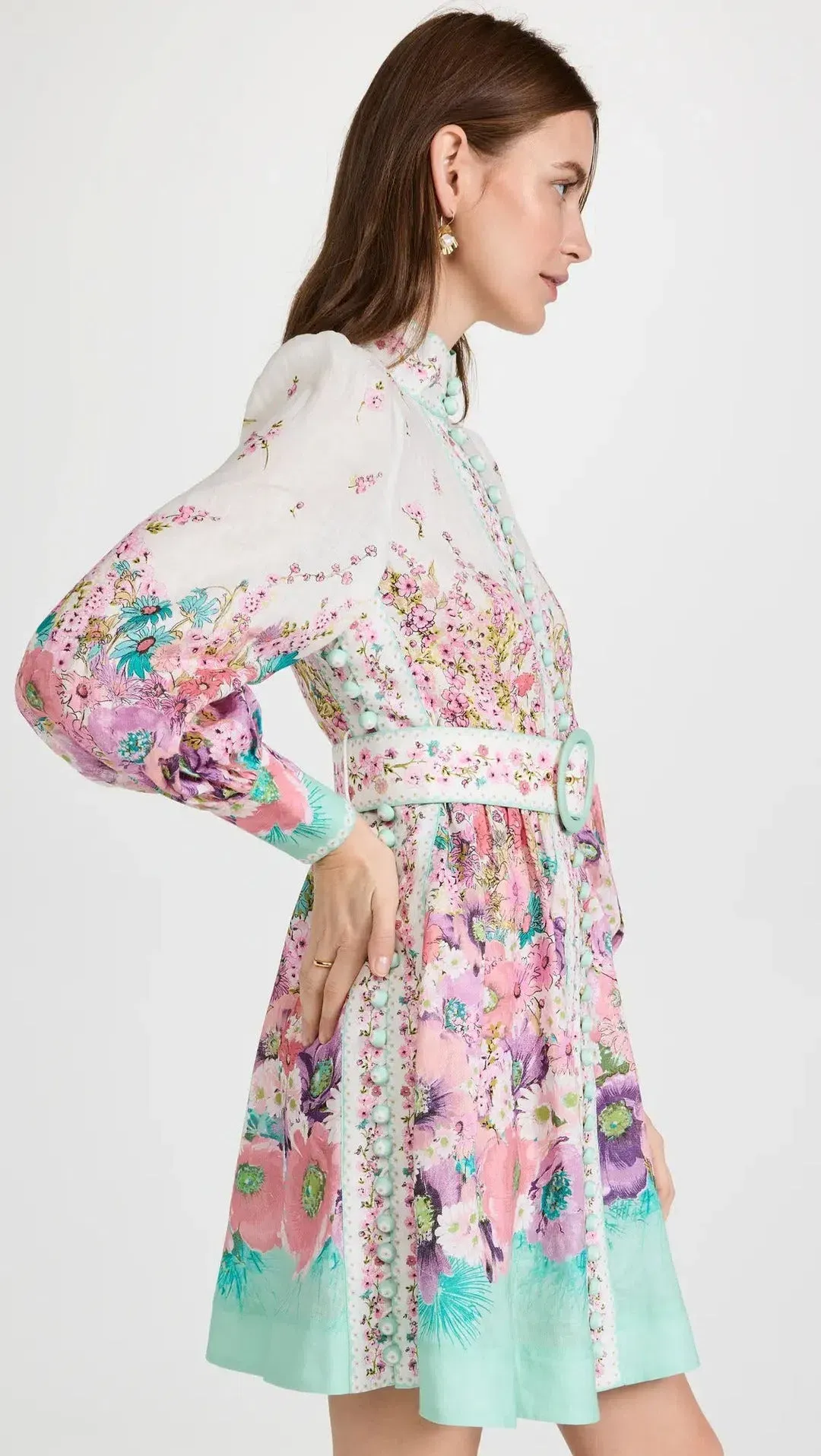 Zimmermann The Jude Buttoned Mini Dress in Aqua Gradient Flora Size 0/Au 8 for rent on The Volte - main image