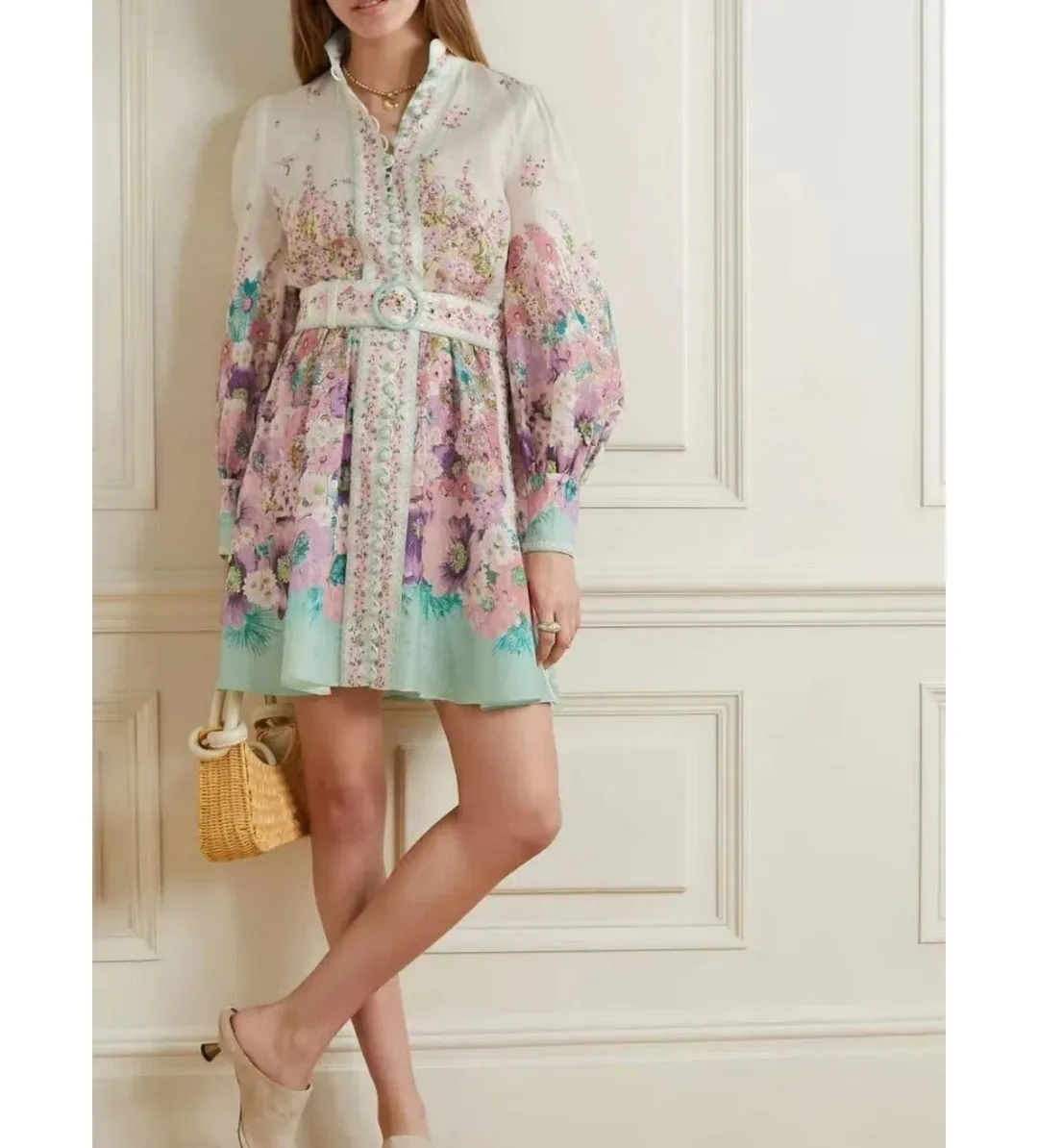 Zimmermann The Jude Buttoned Mini Dress in Aqua Gradient Flora Size 0/Au 8 for rent on The Volte - main image
