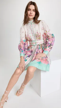 Zimmermann The Jude Buttoned Mini Dress in Aqua Gradient Flora Size 0/Au 8 for rent on The Volte - image 3