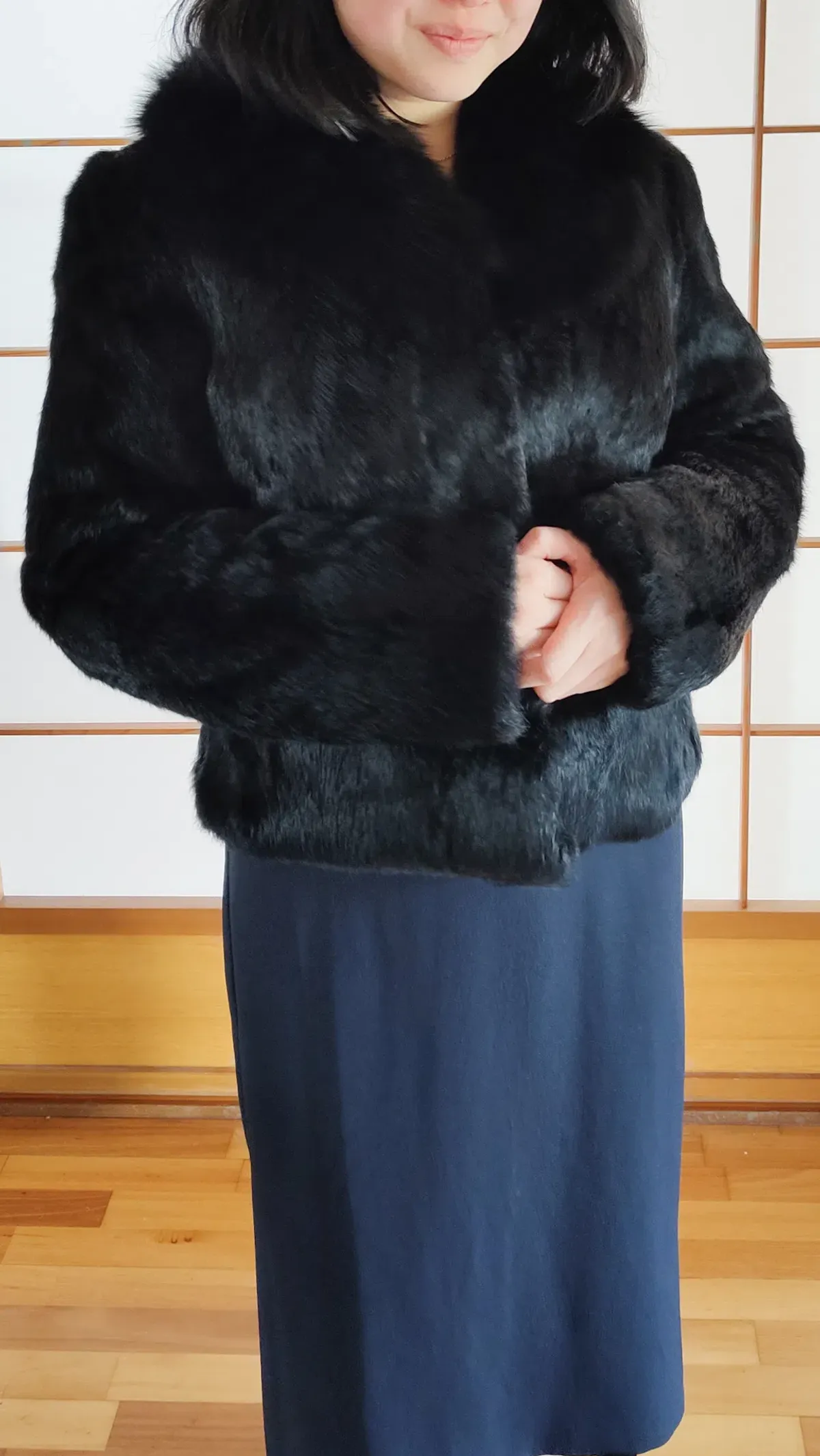 Black Genuine Rabbit Fur Jacket with Fox Collar in Small / AU 8 - Image 2