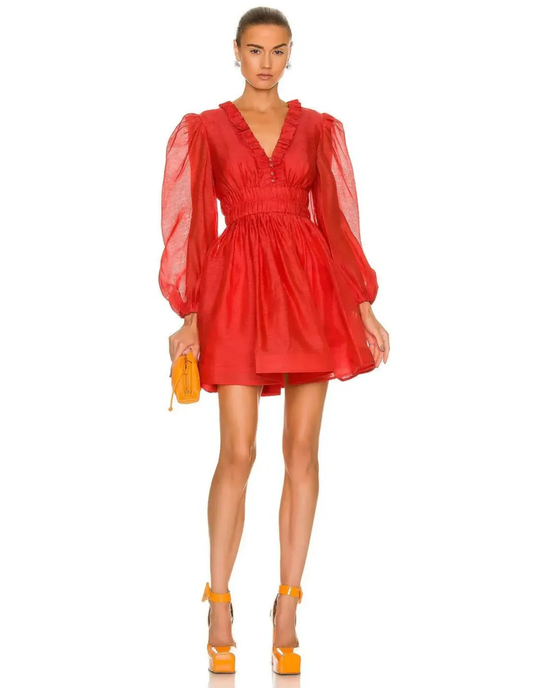 Zimmermann Prima Frill V Neck MIni Dress in Tomato Size 3 / AU 14 for rent on The Volte - main image