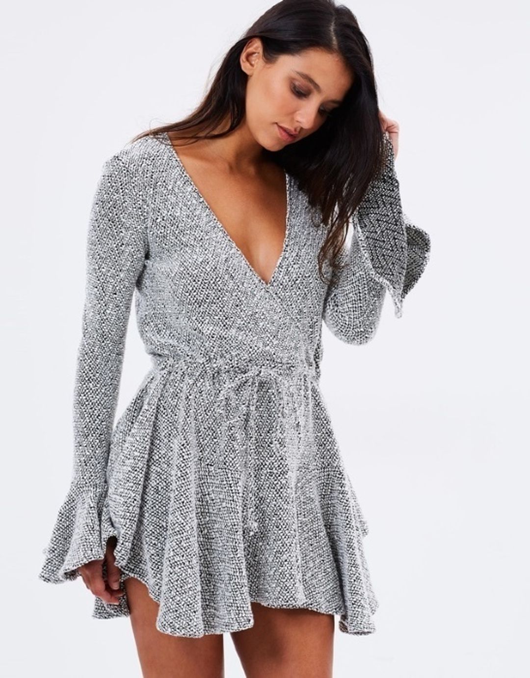 Shona Joy's Bonnie Frill Cuff Drawstring Mini Dress Silver Size 6 for rent on The Volte - main image
