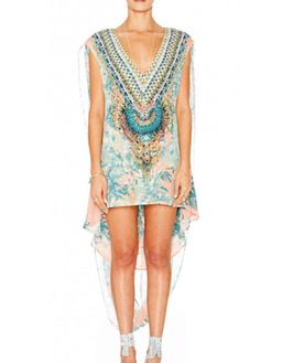 Camilla Deep V Mini Dress with Cape in Garden of Dream Blue Print Size 2 for rent on The Volte - image 1