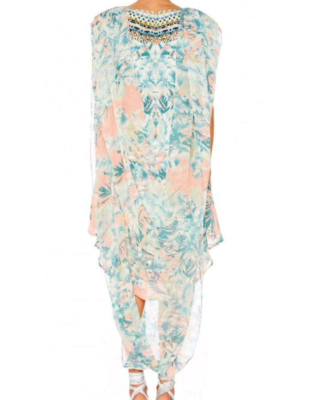 Camilla Deep V Mini Dress with Cape in Garden of Dream Blue Print Size 2 for rent on The Volte - main image
